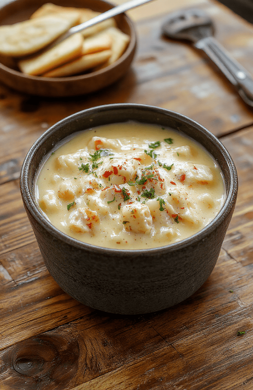 A steaming bowl of creamy chicken pot pie pasta garnished with fresh parsley and grated Parmesan, featuring tender chicken pieces, soft carrots, peas, and al dente pasta in a rich golden cheese sauce. The dish sits on a rustic wooden board with soft natural light casting gentle shadows. Minimalist styling with a touch of steam rising from the bowl.