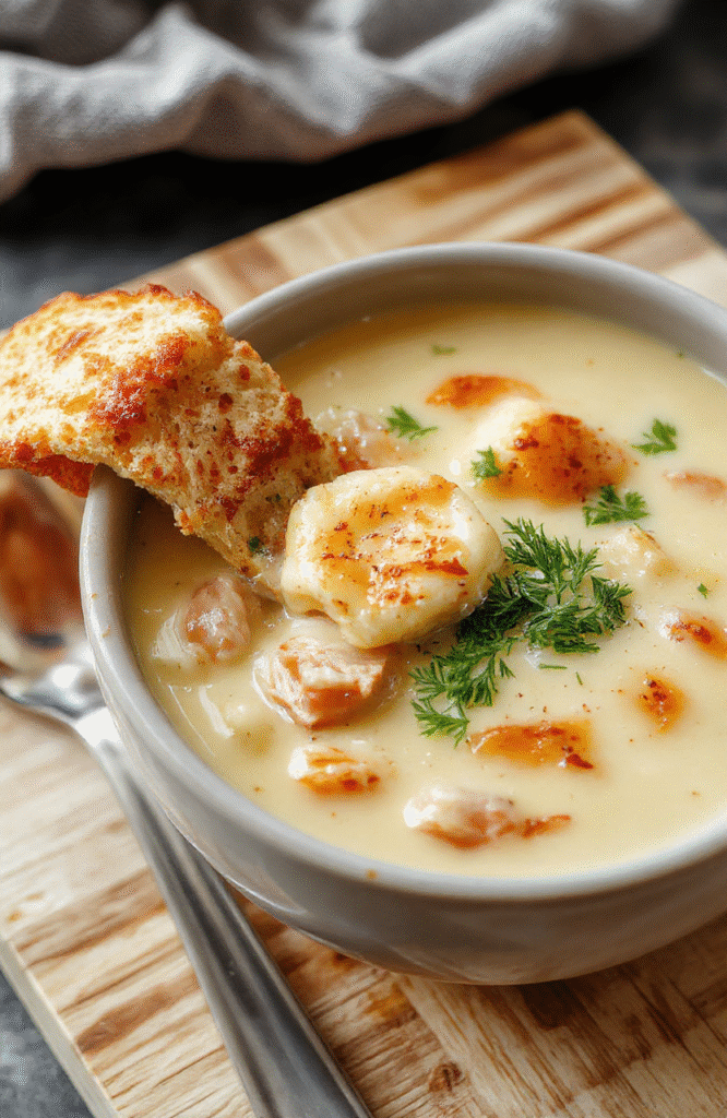 Creamy chicken pot pie soup in a rustic white ceramic bowl, garnished with fresh parsley and cracked black pepper, surrounded by tender carrots, peas, and soft potato chunks in a golden creamy broth, steam rising, natural light from window, casual stovetop background