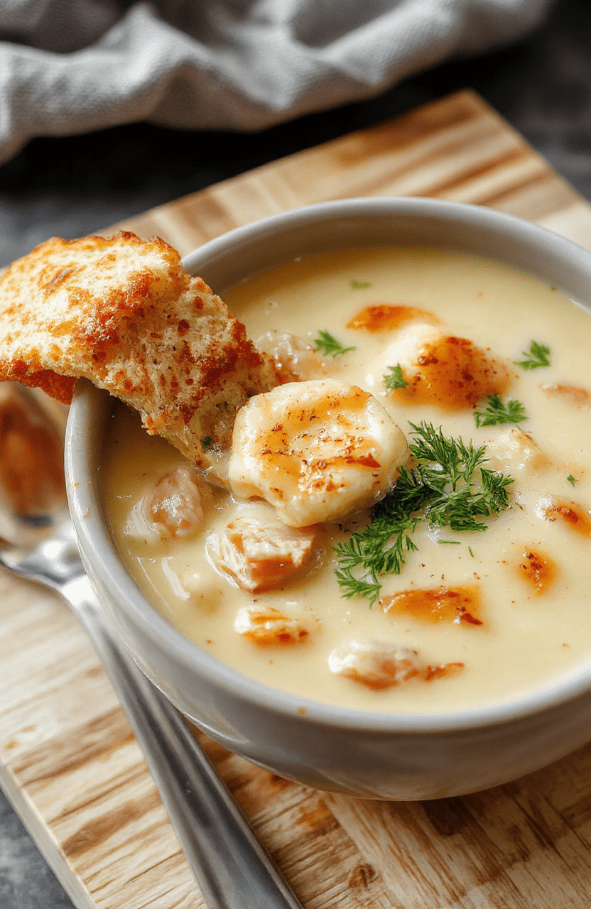 Creamy chicken pot pie soup in a rustic white ceramic bowl, garnished with fresh parsley and cracked black pepper, surrounded by tender carrots, peas, and soft potato chunks in a golden creamy broth, steam rising, natural light from window, casual stovetop background