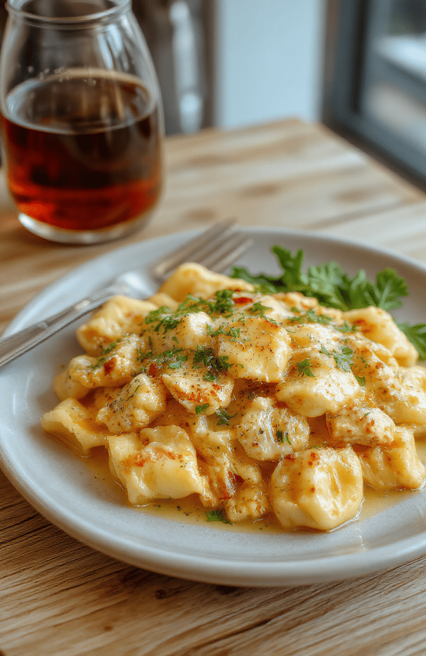 A steaming bowl of creamy chicken tortellini on a white ceramic plate, garnished with fresh basil and cracked black pepper, featuring cheese-filled pasta parcels bathed in golden creamy sauce with tender chicken chunks and a hint of parmesan