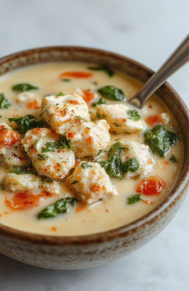 A rustic-bowled creamy chicken and spinach soup, rich ivory broth with tender chicken, vibrant green spinach flecks, tiny white onion and garlic bits, and a drizzle of olive oil. Light steam rises, garnished with cracked black pepper and fresh parsley.