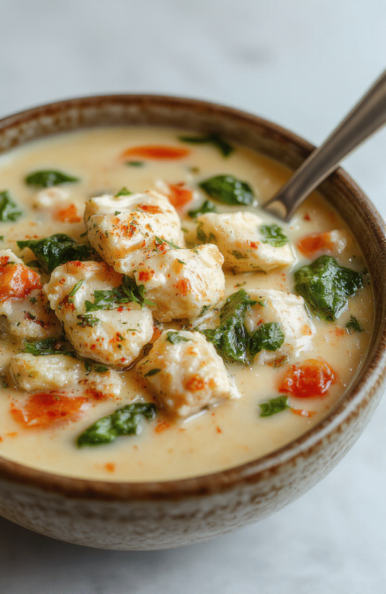 A rustic-bowled creamy chicken and spinach soup, rich ivory broth with tender chicken, vibrant green spinach flecks, tiny white onion and garlic bits, and a drizzle of olive oil. Light steam rises, garnished with cracked black pepper and fresh parsley.