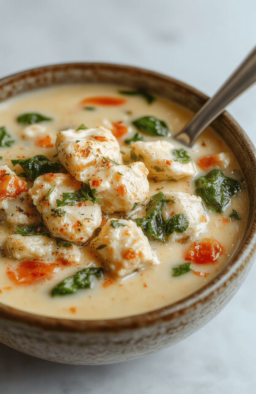 A rustic-bowled creamy chicken and spinach soup, rich ivory broth with tender chicken, vibrant green spinach flecks, tiny white onion and garlic bits, and a drizzle of olive oil. Light steam rises, garnished with cracked black pepper and fresh parsley.