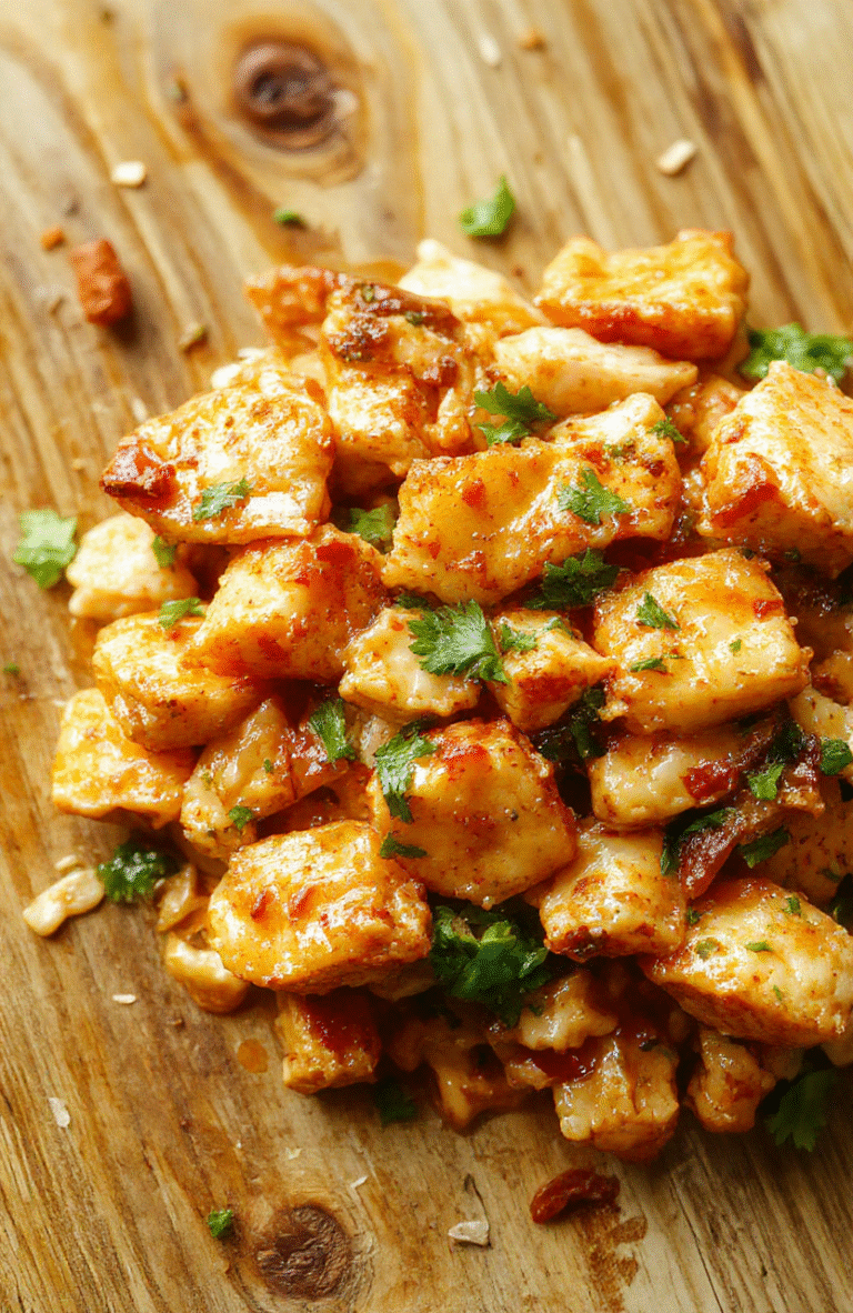 Golden-brown chicken pieces with bright green bell peppers, red cherry tomatoes, and thick coconut sauce glossy with a slight sheen, served over fluffy white rice in a rustic ceramic bowl, garnished with fresh cilantro and toasted sesame seeds on a light oak wooden tabletop under soft natural daylight.