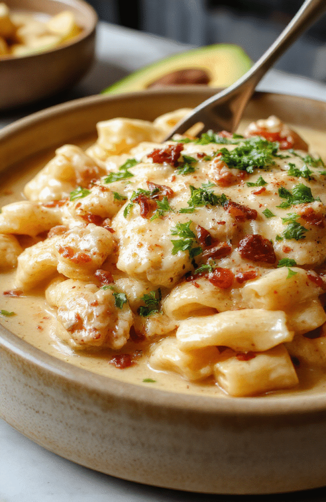 creamy white sauce coated fettuccine pasta with tender bite-sized pieces of golden-brown roasted chicken, garnished with fresh parsley and a light dusting of grated parmesan, served on a rustic wooden board with soft ambient lighting.