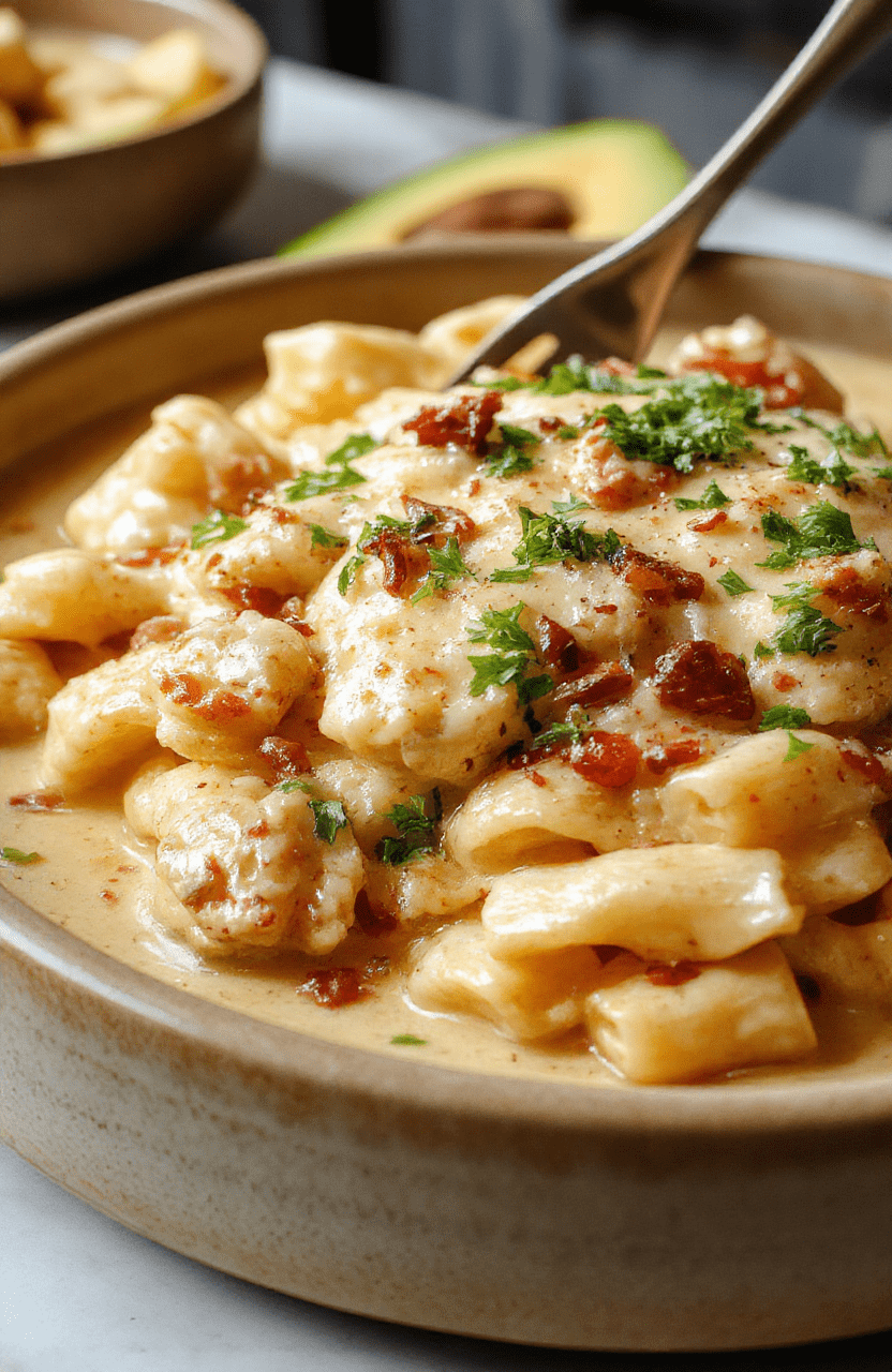 creamy white sauce coated fettuccine pasta with tender bite-sized pieces of golden-brown roasted chicken, garnished with fresh parsley and a light dusting of grated parmesan, served on a rustic wooden board with soft ambient lighting.