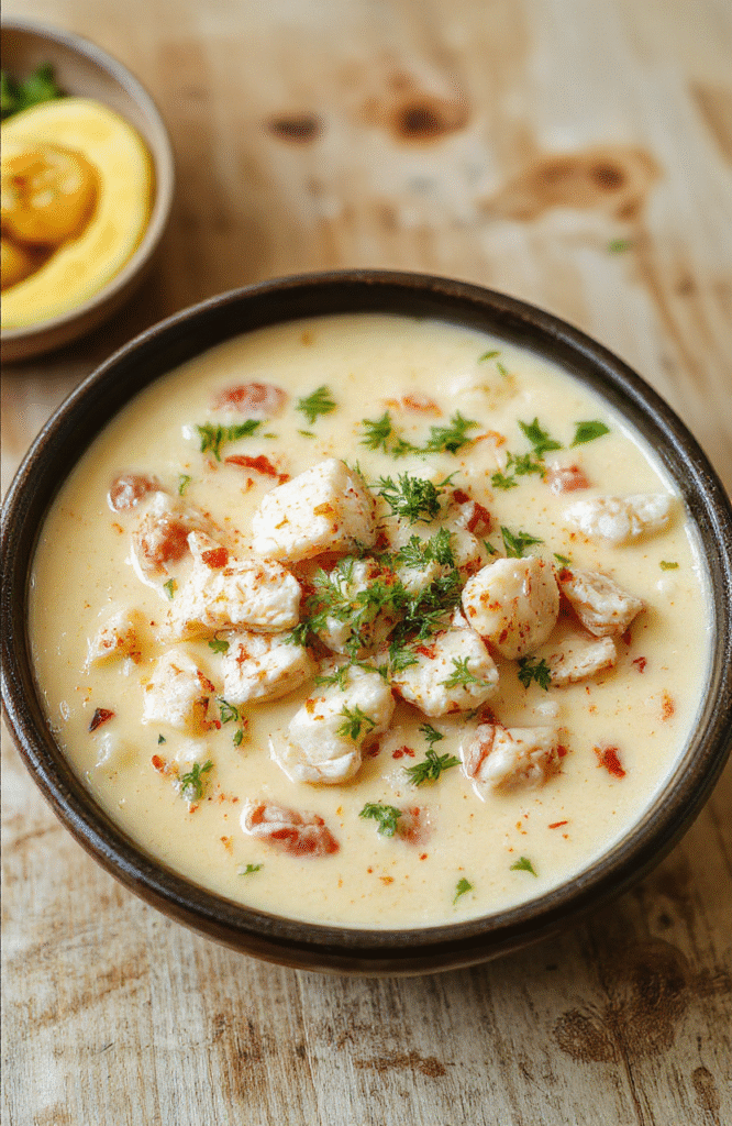 A steaming bowl of creamy chicken wild rice soup featuring tender shredded chicken, chewy wild rice, soft celery, and golden carrots in a rich ivory-colored broth, garnished with fresh parsley, served in a rustic ceramic bowl on a light oak tabletop with soft natural light.