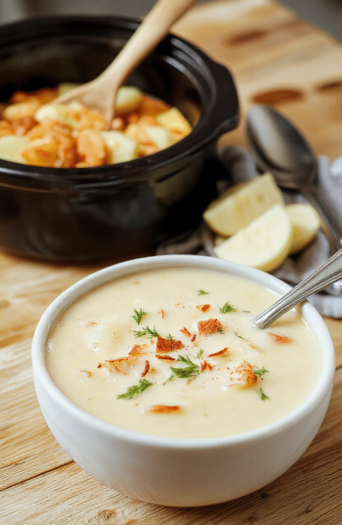 A steaming bowl of rich, creamy crockpot potato soup topped with shredded cheddar cheese, crispy bacon bits, and a sprig of fresh green onion, served in a rustic ceramic bowl on a light wood tabletop with soft natural lighting and subtle depth of field.