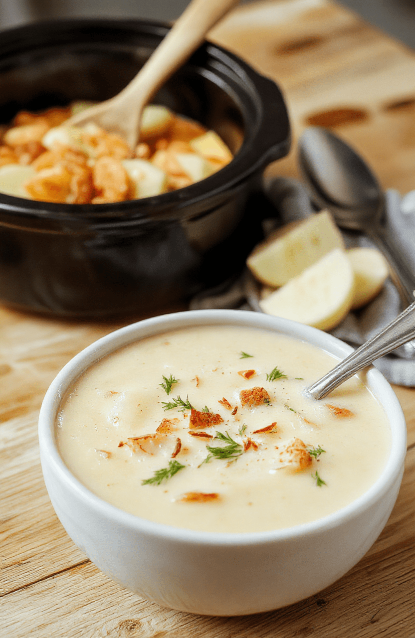 A steaming bowl of rich, creamy crockpot potato soup topped with shredded cheddar cheese, crispy bacon bits, and a sprig of fresh green onion, served in a rustic ceramic bowl on a light wood tabletop with soft natural lighting and subtle depth of field.