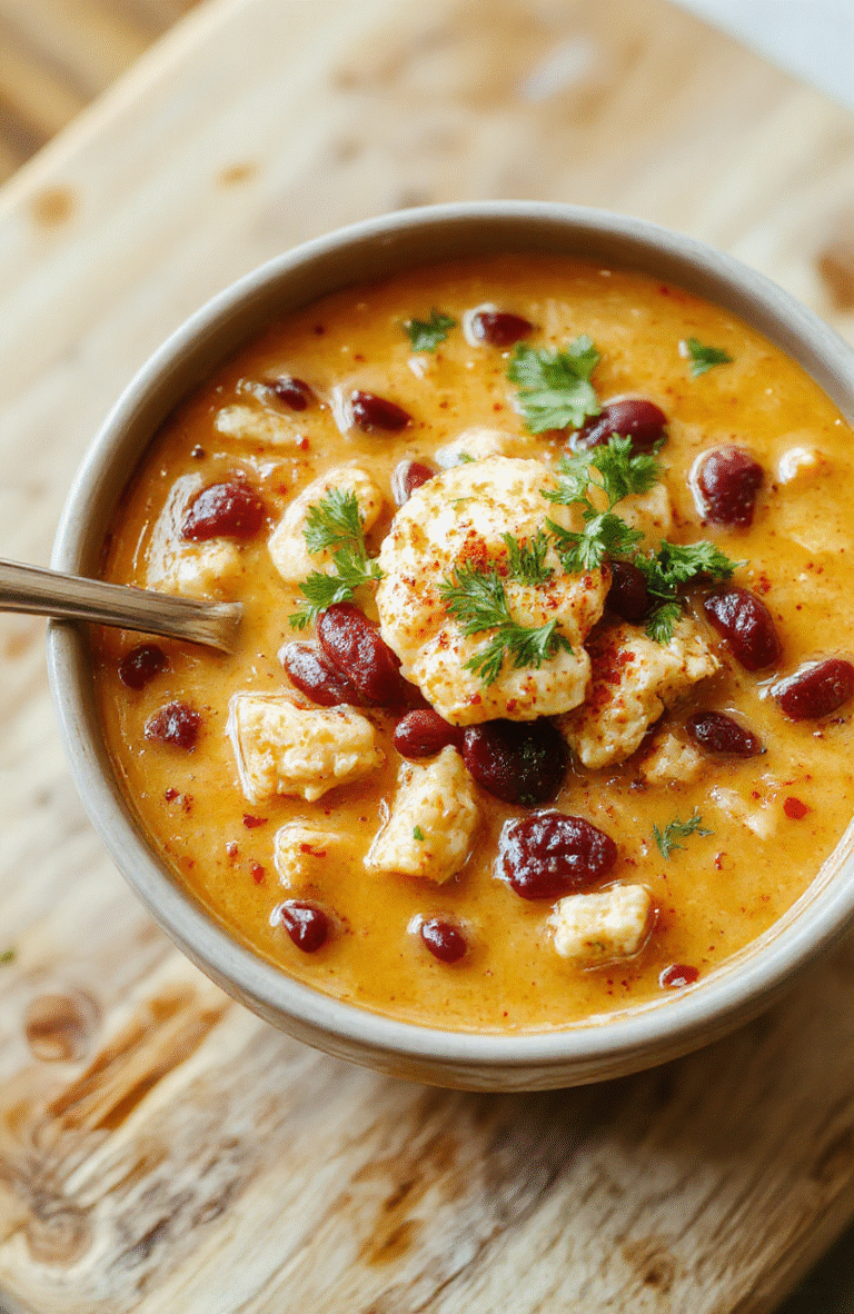 A steaming bowl of creamy enchilada soup topped with shredded chicken, melted cheese, fresh cilantro, diced avocado, and crushed tortilla chips, served in a rustic ceramic bowl on a light wood table.