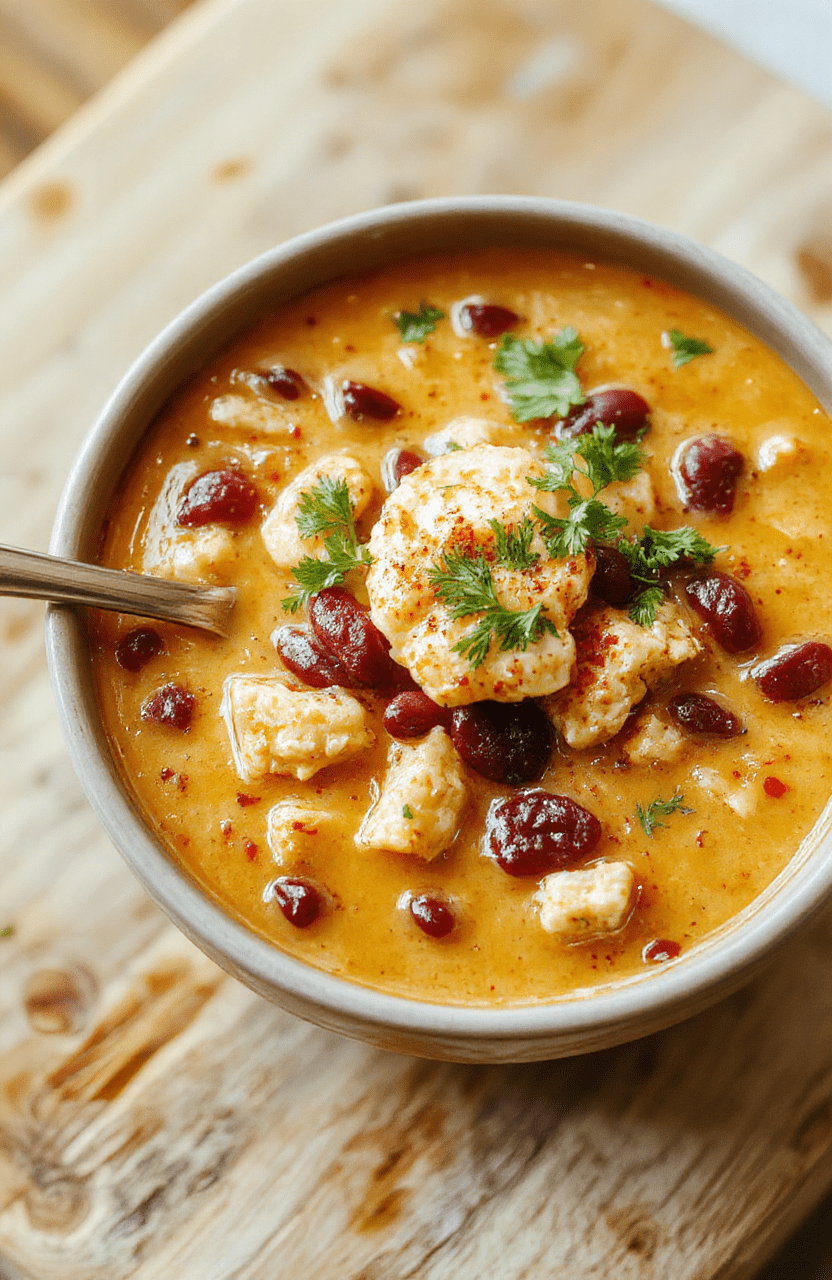 A steaming bowl of creamy enchilada soup topped with shredded chicken, melted cheese, fresh cilantro, diced avocado, and crushed tortilla chips, served in a rustic ceramic bowl on a light wood table.