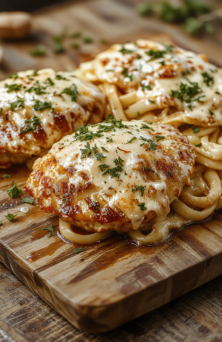 Golden-brown pan-seared chicken breasts topped with a rich, creamy garlic parmesan sauce, served over al dente fettuccine in a white ceramic bowl, garnished with fresh parsley and a light dusting of grated parmesan, steam rising gently.