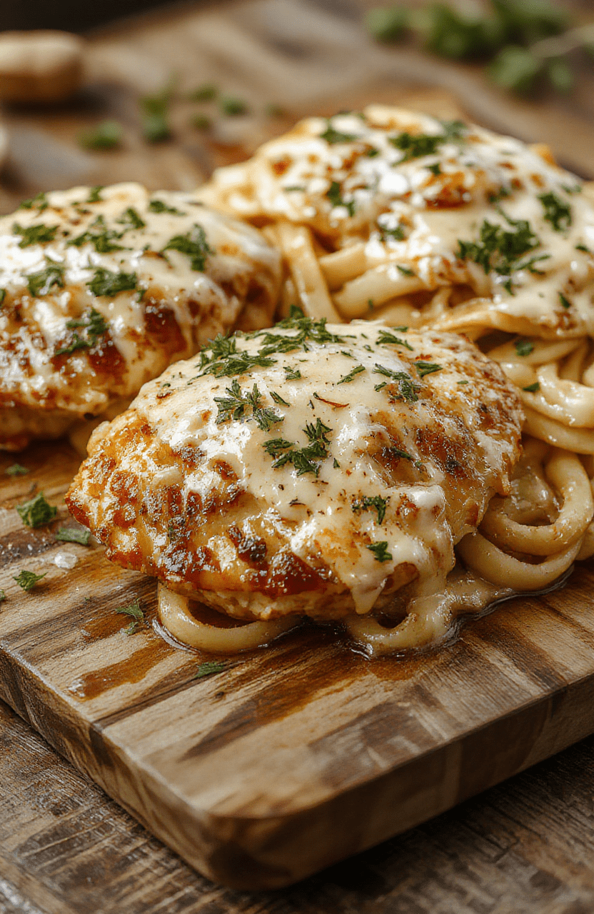 Golden-brown pan-seared chicken breasts topped with a rich, creamy garlic parmesan sauce, served over al dente fettuccine in a white ceramic bowl, garnished with fresh parsley and a light dusting of grated parmesan, steam rising gently.
