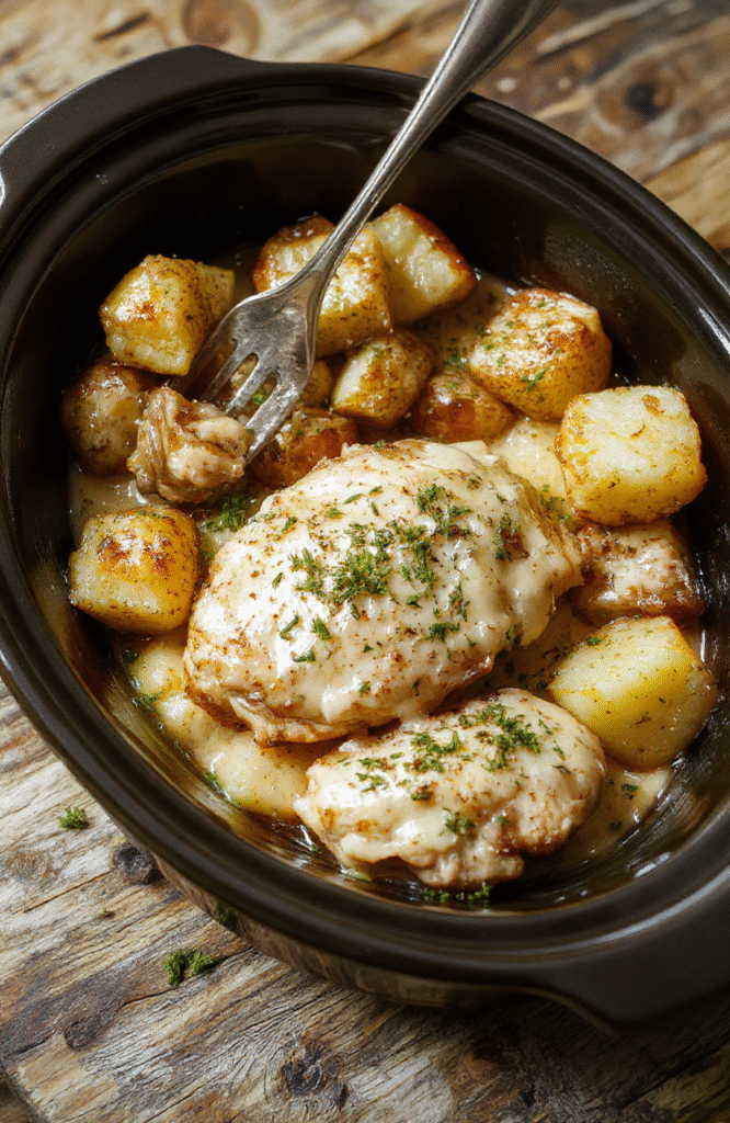 A rustic ceramic crockpot on a wooden table shows golden-brown chicken thighs and tender halved baby potatoes nestled in a rich, creamy garlic-parmesan sauce, garnished with fresh parsley and a light dusting of grated parmesan, steam rising gently.