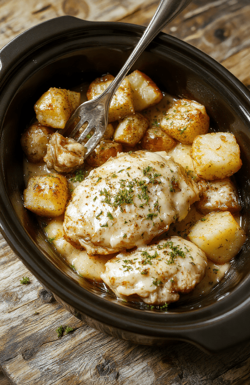 A rustic ceramic crockpot on a wooden table shows golden-brown chicken thighs and tender halved baby potatoes nestled in a rich, creamy garlic-parmesan sauce, garnished with fresh parsley and a light dusting of grated parmesan, steam rising gently.