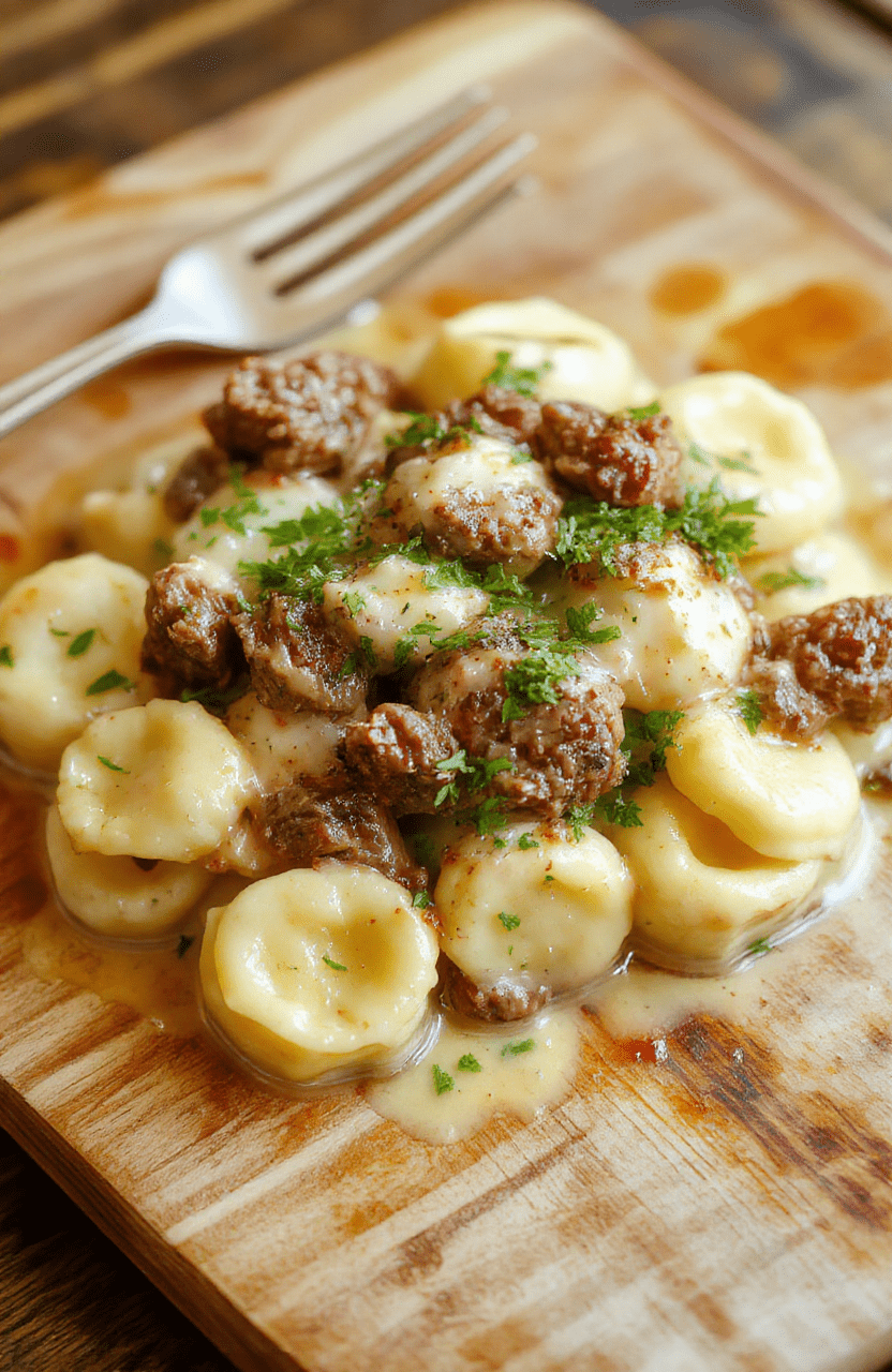 A rustic ceramic bowl filled with creamy garlic steak tortellini — plump cheese-filled pasta envelopes glistening with rich golden garlic cream sauce and garnished with fresh parsley and grated Parmesan, alongside tender sautéed steak bites, all resting on a light wooden cutting board with subtle wood grain texture.
