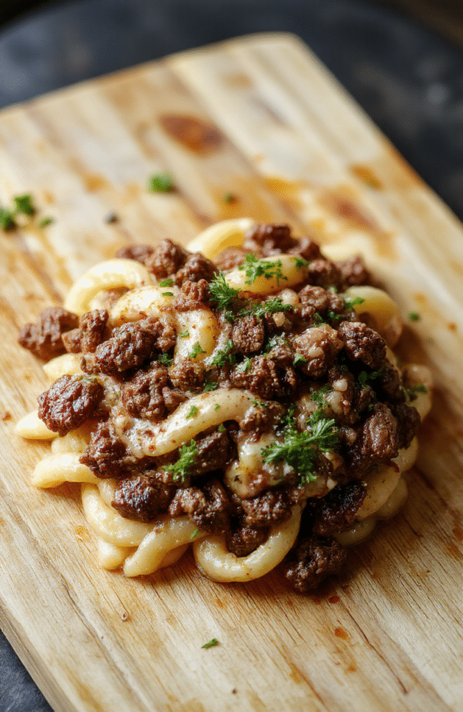 A steaming bowl of creamy ground beef orzo with tender beef, al dente orzo pasta, and a silky cheese-infused sauce, garnished with fresh parsley and cracked black pepper, served on a rustic wooden board with soft natural lighting and subtle depth of field blur.