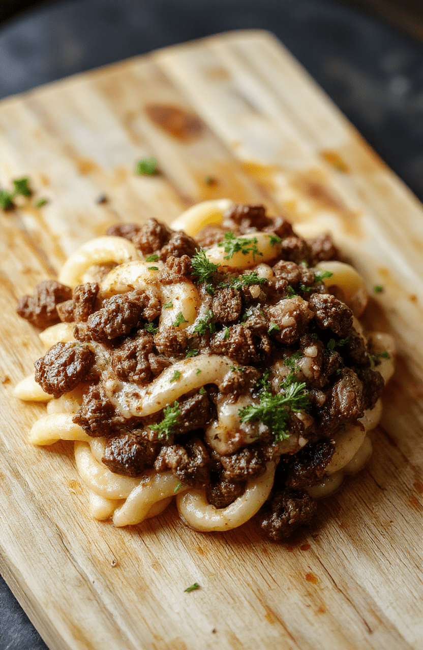 A steaming bowl of creamy ground beef orzo with tender beef, al dente orzo pasta, and a silky cheese-infused sauce, garnished with fresh parsley and cracked black pepper, served on a rustic wooden board with soft natural lighting and subtle depth of field blur.