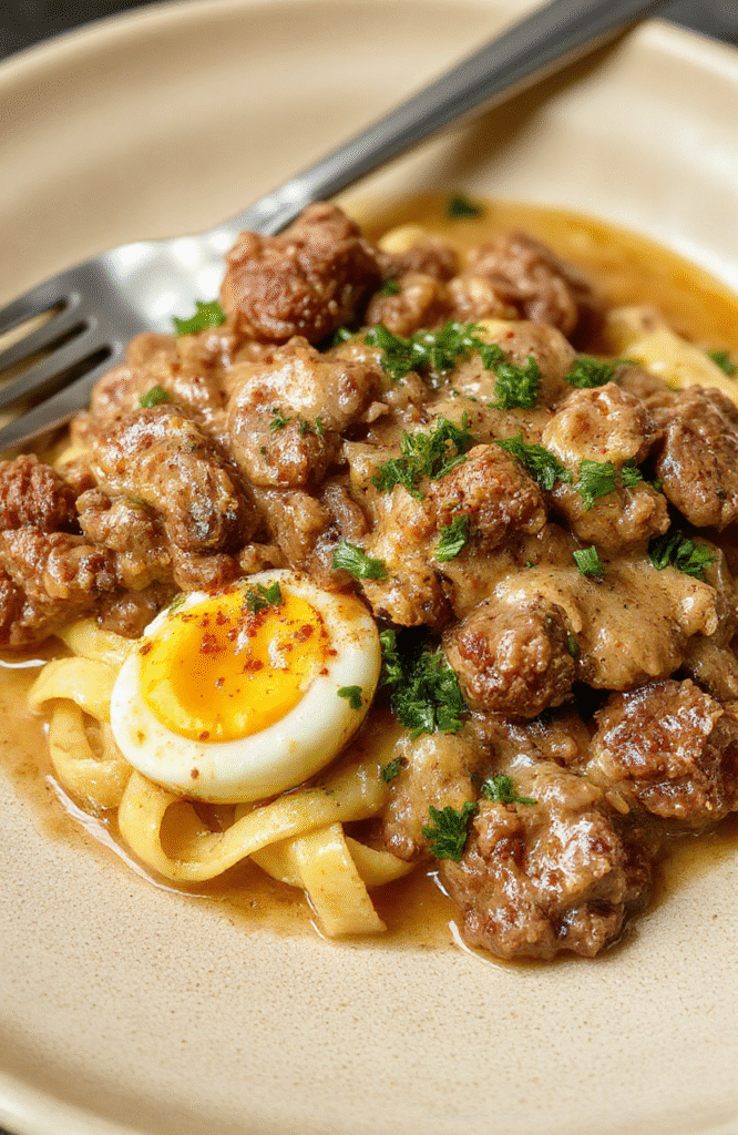 A steaming bowl of creamy ground beef stroganoff topped with fresh parsley, served over fluffy egg noodles in a rustic ceramic bowl. Tender beef pieces in a rich, golden-brown mushroom gravy cling to the noodles. Dark wood table background with soft natural lighting and subtle steam rising.