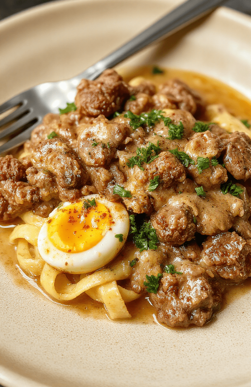 A steaming bowl of creamy ground beef stroganoff topped with fresh parsley, served over fluffy egg noodles in a rustic ceramic bowl. Tender beef pieces in a rich, golden-brown mushroom gravy cling to the noodles. Dark wood table background with soft natural lighting and subtle steam rising.