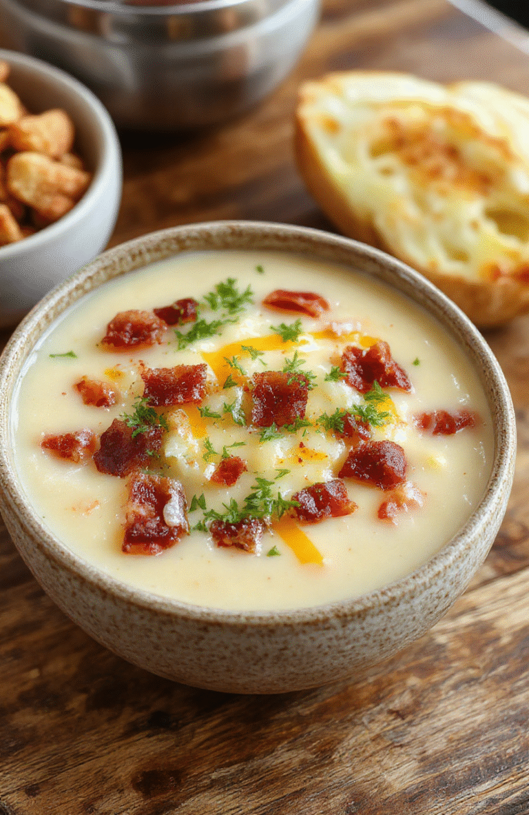 A steaming bowl of thick, creamy white potato soup covered in crispy bacon bits, shredded cheddar cheese, green onion slices, and a dollop of sour cream, served in a rustic ceramic bowl on a wooden table with soft natural lighting.