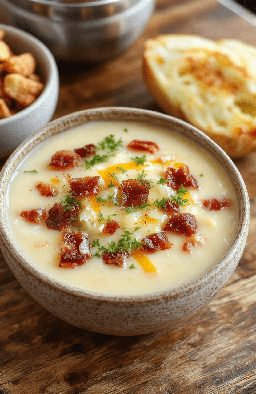 A steaming bowl of thick, creamy white potato soup covered in crispy bacon bits, shredded cheddar cheese, green onion slices, and a dollop of sour cream, served in a rustic ceramic bowl on a wooden table with soft natural lighting.