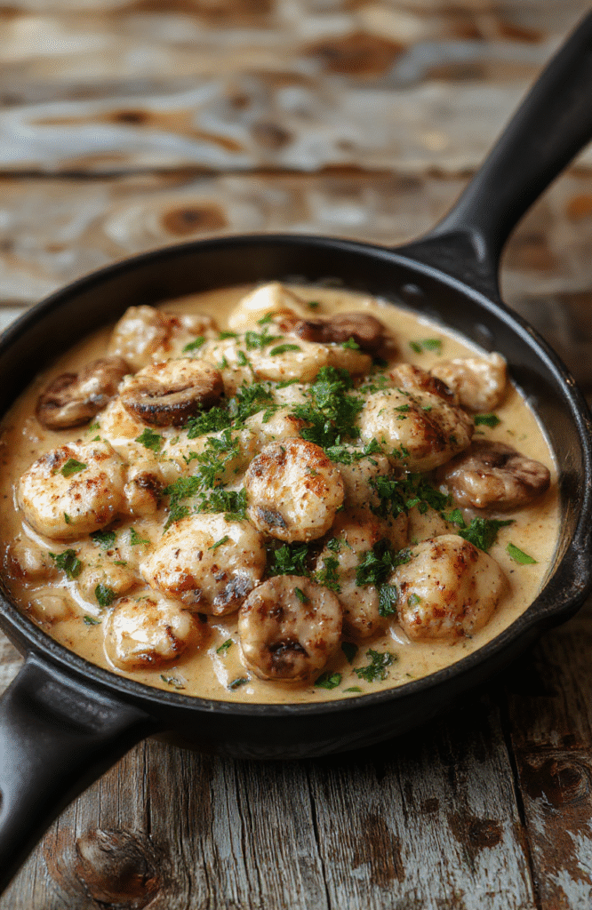 Golden-brown pan-seared chicken thighs nestled with sautéed cremini mushrooms in a creamy garlic-parmesan sauce, garnished with fresh parsley and cracked black pepper, served in a rustic cast-iron skillet on a light wooden table.