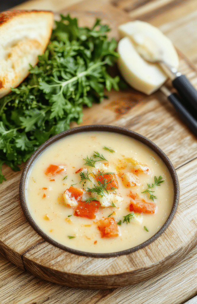 A steaming bowl of creamy vegetable soup with visible chunks of carrots, celery, potatoes, and tender green beans, swirled with a rich white sauce and topped with fresh parsley and a drizzle of olive oil, served in a rustic ceramic bowl on a wooden table with soft natural lighting.