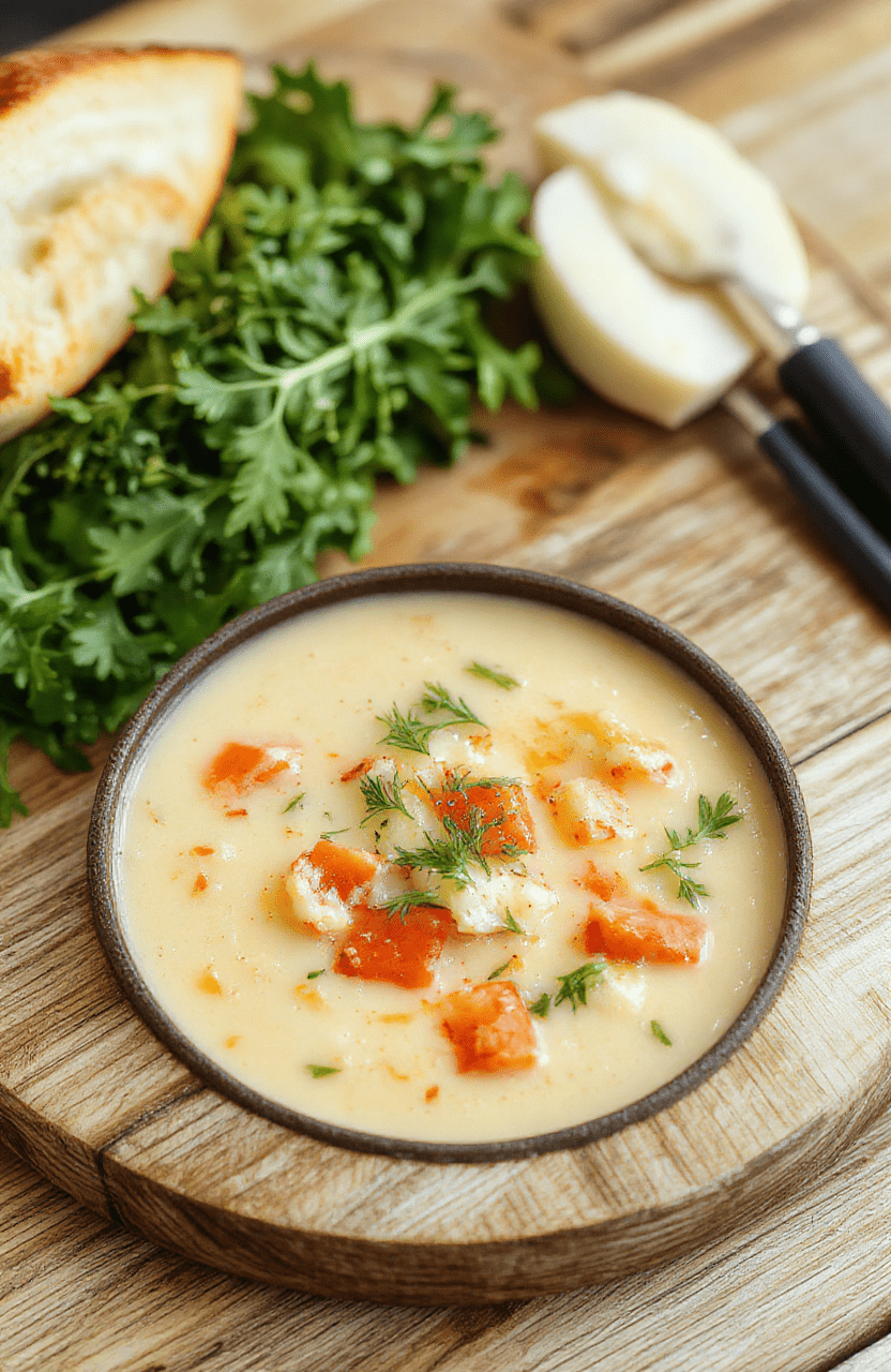 A steaming bowl of creamy vegetable soup with visible chunks of carrots, celery, potatoes, and tender green beans, swirled with a rich white sauce and topped with fresh parsley and a drizzle of olive oil, served in a rustic ceramic bowl on a wooden table with soft natural lighting.