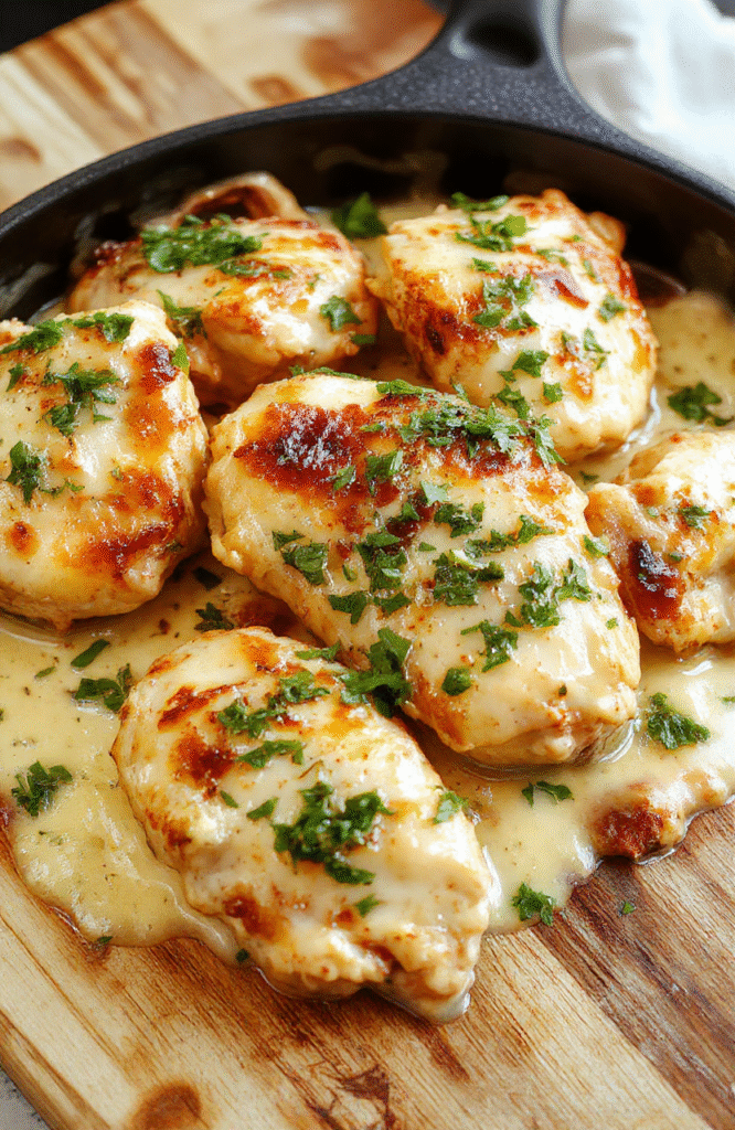 Sizzling creamy pepperoncini chicken skillet in an iron cast pan on a stovetop: golden-brown chicken breasts nestled with sliced pepperoncini peppers and red onions, smothered in a creamy white sauce with visible garlic flecks and fresh parsley garnish.