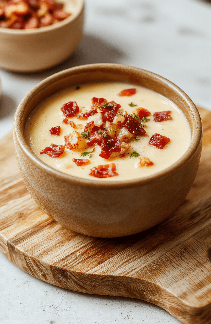 A steaming bowl of creamy potato soup topped with crispy bacon crumbles, shredded sharp cheddar cheese, and a drizzle of sour cream, garnished with fresh chives, served on a rustic wooden table with soft natural daylight.