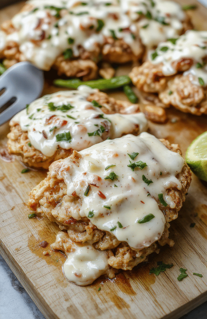 Golden-brown baked chicken breasts topped with a thick, glossy ranch-cream sauce and generous sprinkle of shredded cheddar cheese, resting on a foil-lined sheet pan with roasted baby potatoes and sliced carrots, bright green parsley garnish scattered around, natural sunlight casting soft shadows on a light wooden cutting board background.