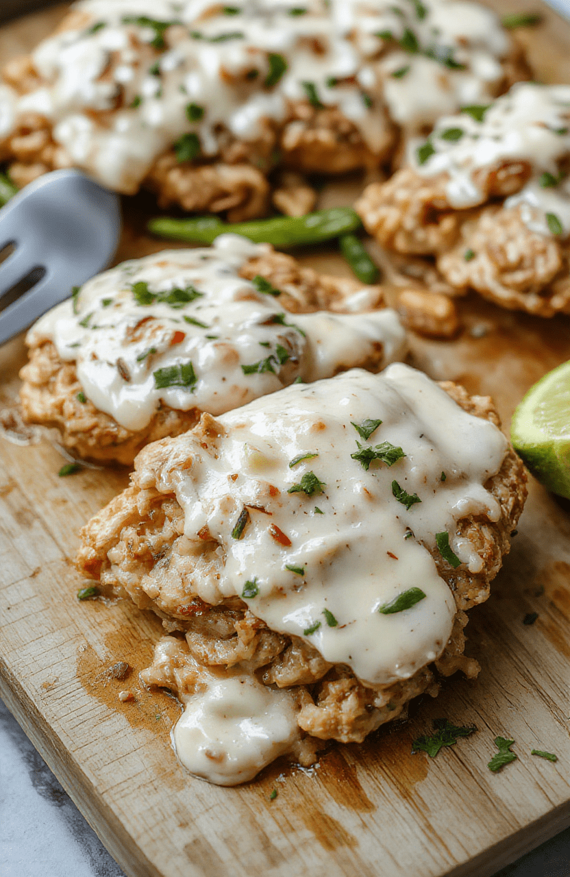 Golden-brown baked chicken breasts topped with a thick, glossy ranch-cream sauce and generous sprinkle of shredded cheddar cheese, resting on a foil-lined sheet pan with roasted baby potatoes and sliced carrots, bright green parsley garnish scattered around, natural sunlight casting soft shadows on a light wooden cutting board background.