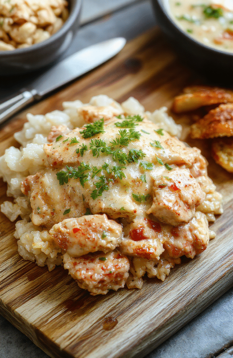 A rustic ceramic bowl filled with tender, flaked chicken and creamy white rice, subtly golden at the edges, garnished with fresh parsley and a light drizzle of olive oil, served on a wooden cutting board with steam rising. Soft daylight highlights the creamy texture and vibrant green garnish.