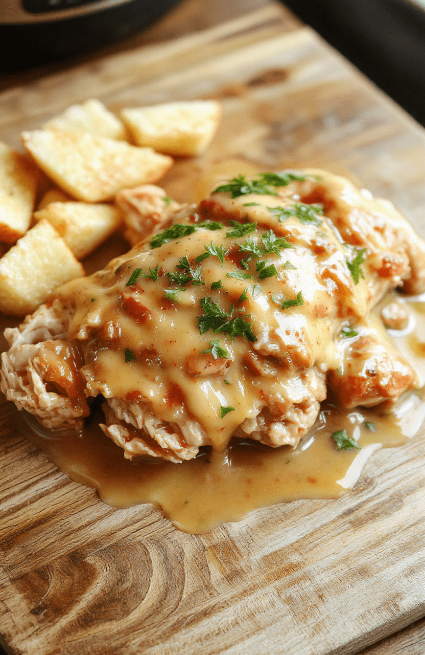 A rustic ceramic bowl filled with tender shredded chicken smothered in rich, golden-brown gravy with visible herbs, seated beside fluffy mashed potatoes and green beans, garnished with fresh parsley, set on a rustic wooden table with soft daylight and warm shadows.