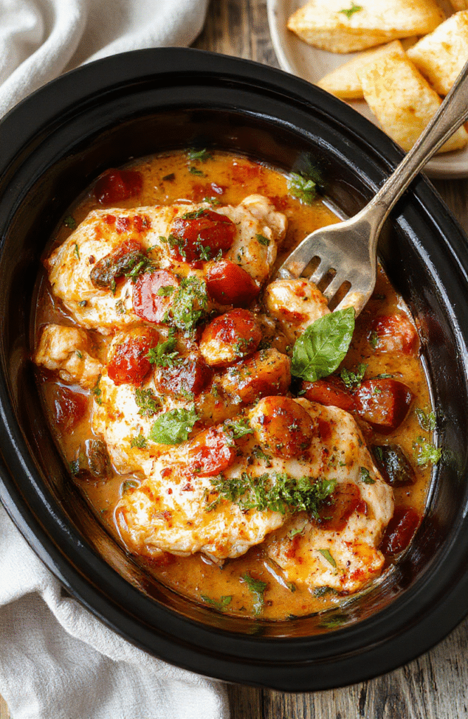 Tender chicken pieces simmered in a vibrant red tomato basil sauce with fresh basil leaves, a drizzle of olive oil, and a sprinkle of Parmesan cheese, served in a rustic ceramic bowl with a side of creamy polenta and a parsley garnish