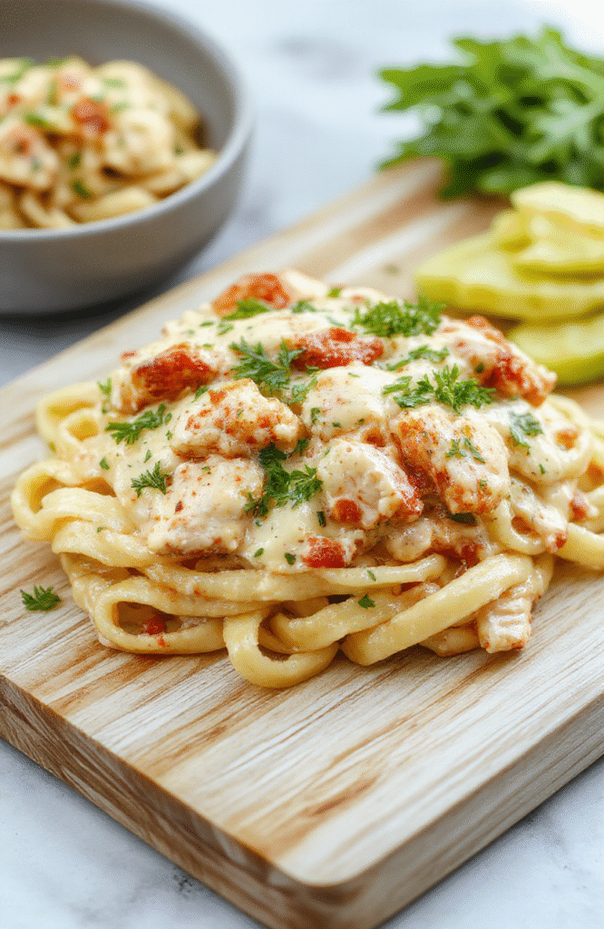 A steaming bowl of golden-yellow southwest alfredo penne pasta topped with grilled chicken strips, black beans, roasted red peppers, corn, and fresh cilantro, served in a white ceramic bowl against a rustic wooden table with soft natural lighting.