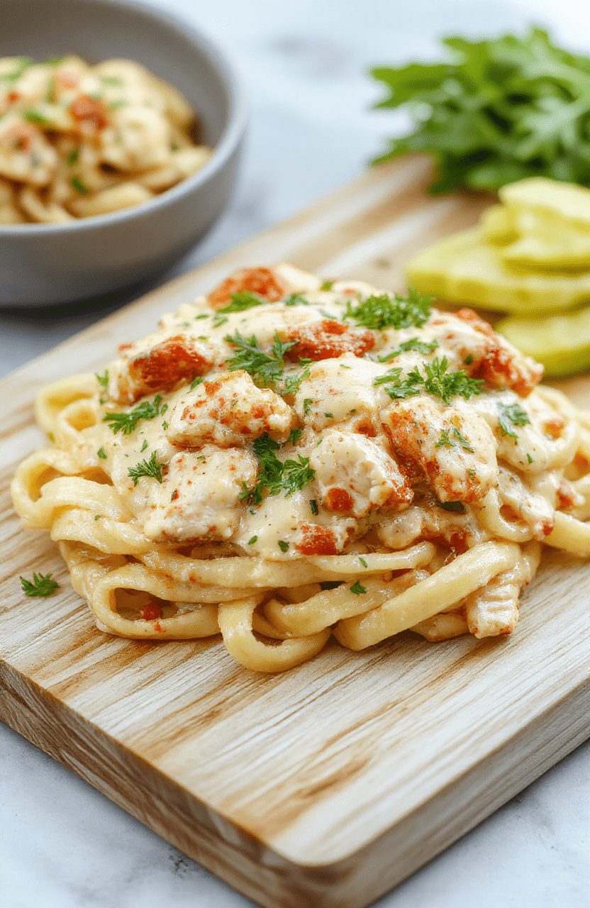 A steaming bowl of golden-yellow southwest alfredo penne pasta topped with grilled chicken strips, black beans, roasted red peppers, corn, and fresh cilantro, served in a white ceramic bowl against a rustic wooden table with soft natural lighting.