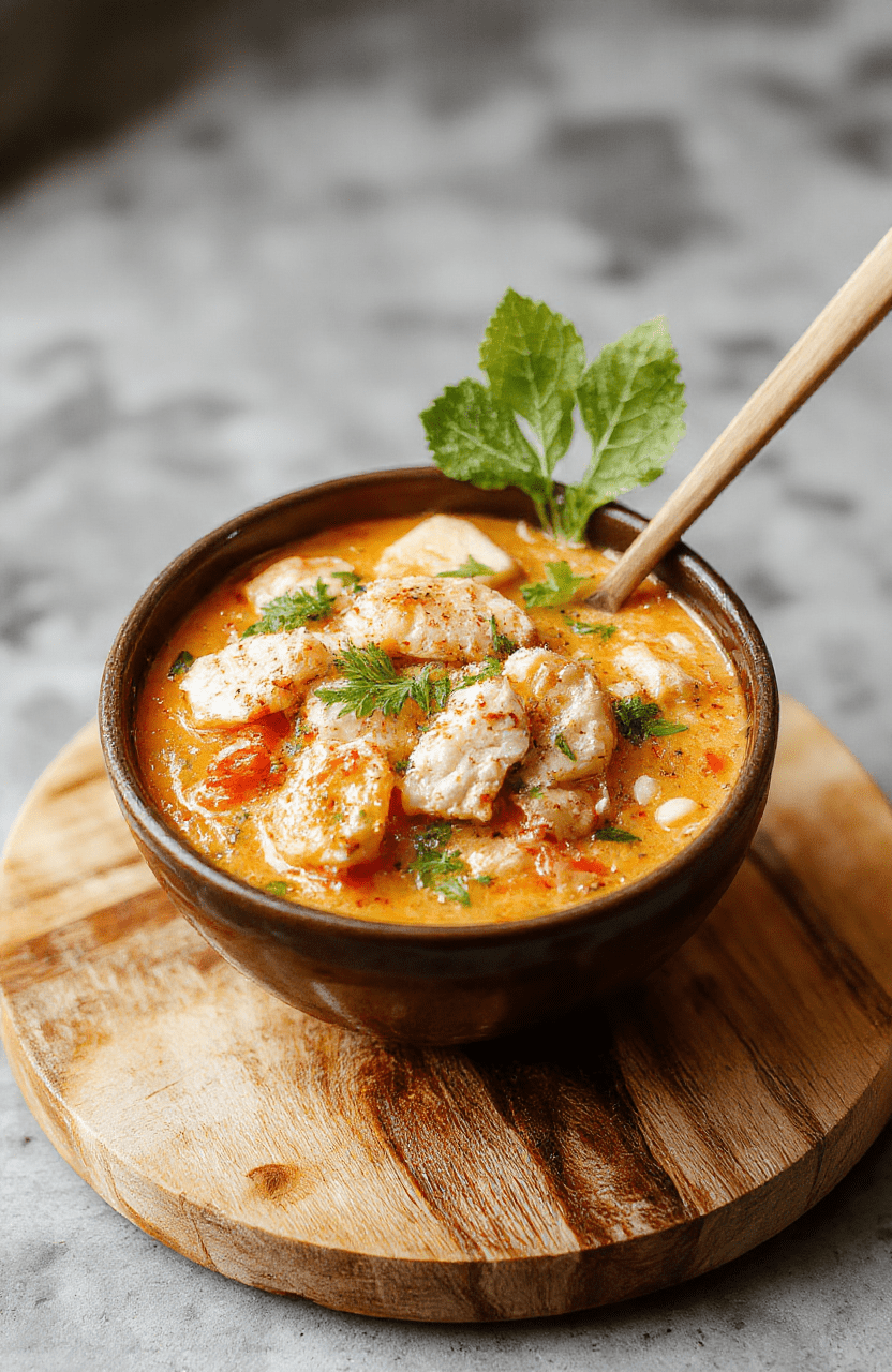A steaming bowl of creamy spicy chicken ramen featuring tender shredded chicken, soft-boiled egg, bok choy, and chili oil drizzle, served over springy ramen noodles in a rustic ceramic bowl on a light wooden table with subtle steam rising.