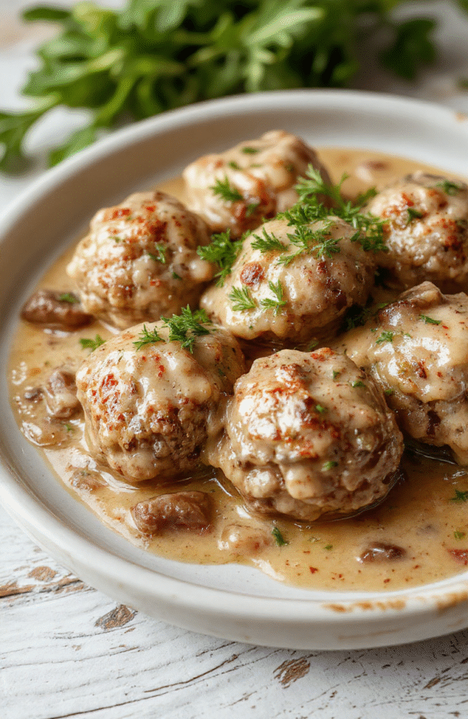 Golden-brown Swedish meatballs nestled in a creamy mushroom gravy, garnished with fresh dill and serving over buttery egg noodles. Steam rises subtly, with visible beef and pork texture, soft onions, and rich sauce clinging to each ball.
