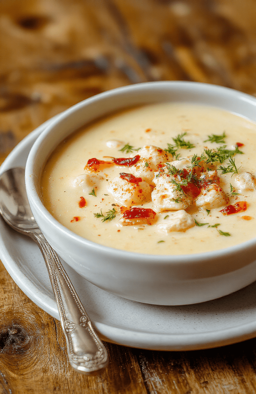 A steaming bowl of creamy Tuscan chicken soup with tender shredded chicken, vibrant spinach, sun-dried tomatoes, and a dollop of creamy parmesan-infused broth, garnished with fresh parsley, served in a rustic white bowl on a wooden table with soft natural lighting.