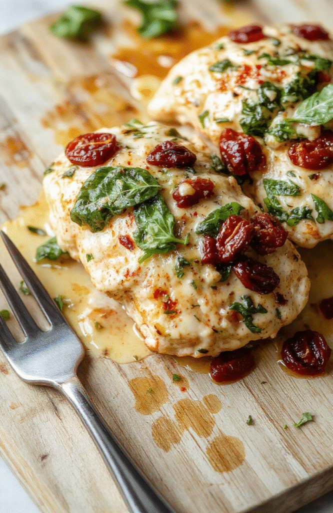 Golden-brown seared chicken breasts topped with creamy garlic parmesan sauce, wilted fresh baby spinach, and vibrant sun-dried tomatoes, garnished with chopped parsley, served over al dente fettuccine in a rustic white ceramic plate against a warm wooden table.
