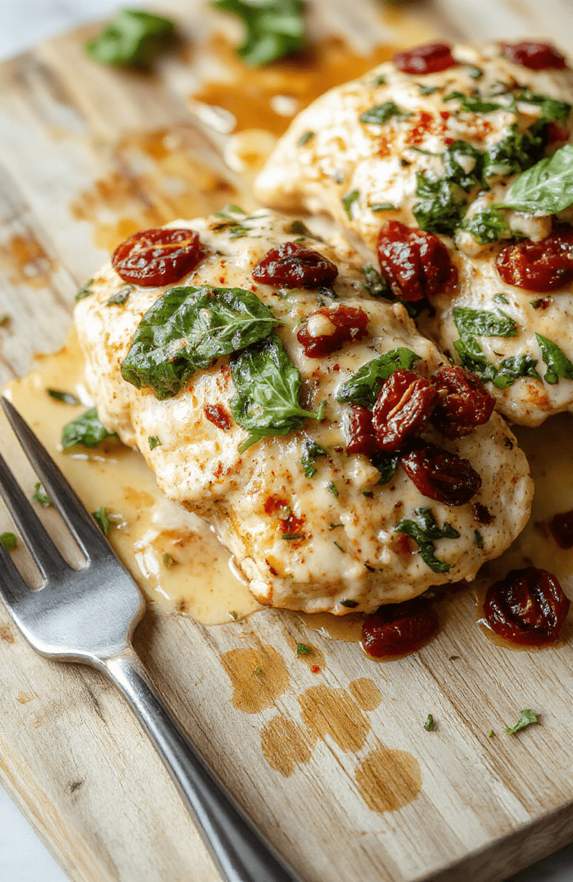 Golden-brown seared chicken breasts topped with creamy garlic parmesan sauce, wilted fresh baby spinach, and vibrant sun-dried tomatoes, garnished with chopped parsley, served over al dente fettuccine in a rustic white ceramic plate against a warm wooden table.