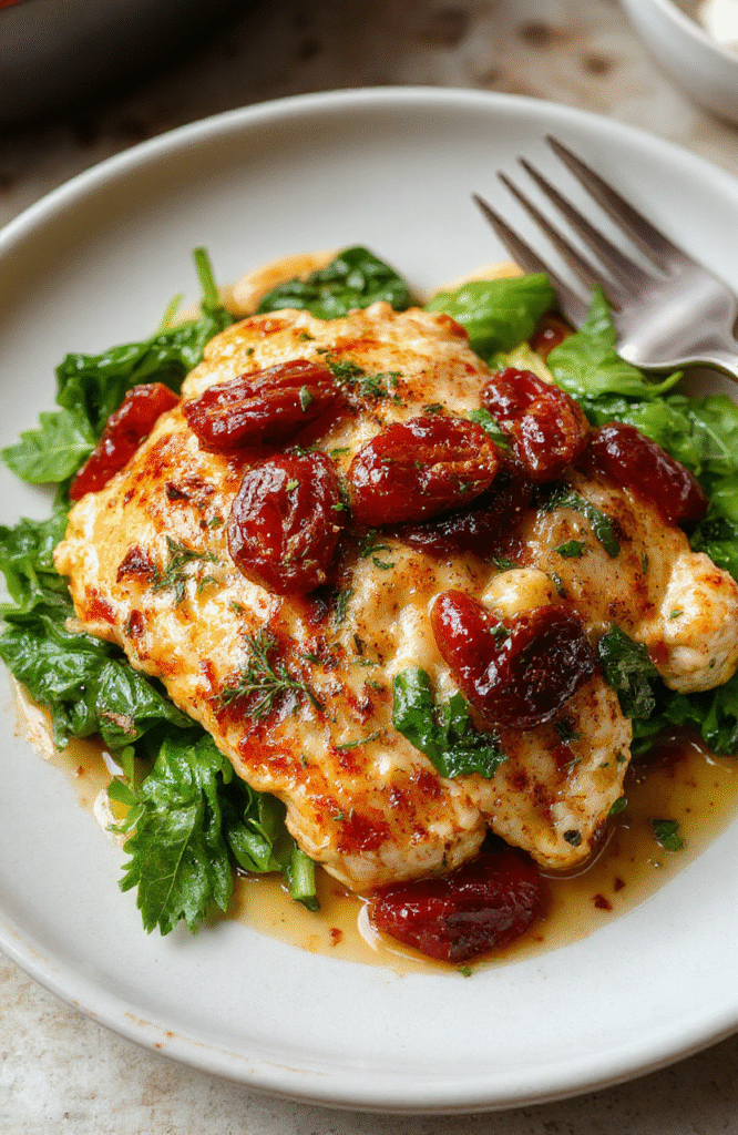 Golden-brown seared chicken breast resting atop creamy lemon garlic sauce with wilted baby spinach, plump sun-dried tomatoes, and freshly grated parmesan, served over al dente pasta in a rustic white ceramic bowl against a light wooden tabletop.