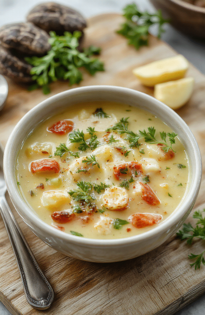 A bowl of creamy vegetable soup with vibrant pieces of carrots, celery, leek, and potato floating in a smooth, pale green base, garnished with fresh parsley and a drizzle of olive oil, served ladled into a rustic ceramic bowl on a wooden table.