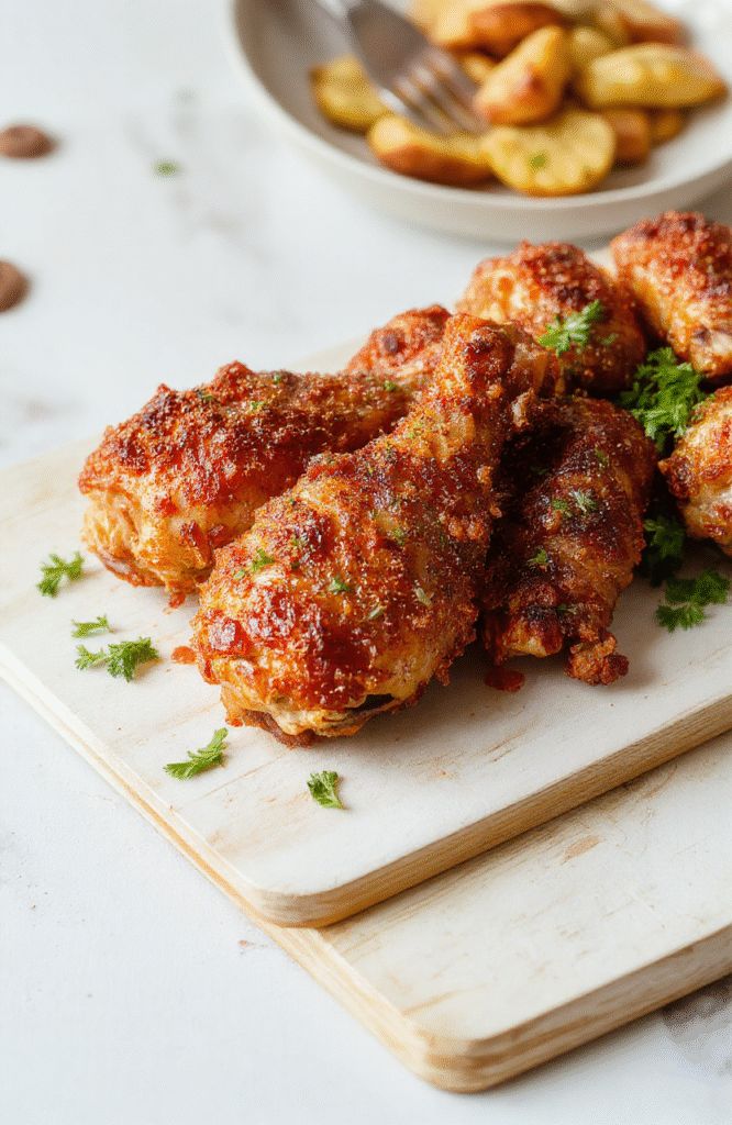 Golden-brown, crispy-skinned chicken legs on a whitewashed wooden board, glistening with a light herb glaze, surrounded by fresh rosemary sprigs and halved lemon wedges