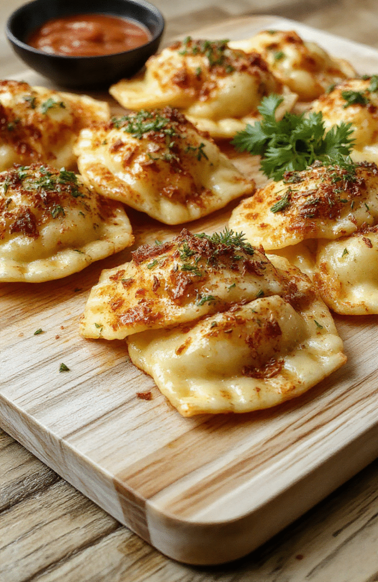 Golden-brown baked ravioli arranged on a white ceramic plate, glistening with a light olive oil drizzle and sprinkle of fresh parsley, with marinara sauce in a small ramekin beside them, rustic wooden spoon resting nearby
