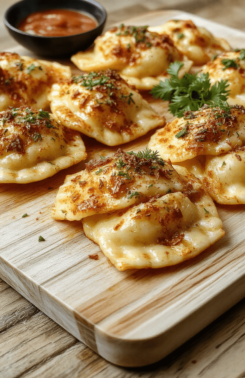 Golden-brown baked ravioli arranged on a white ceramic plate, glistening with a light olive oil drizzle and sprinkle of fresh parsley, with marinara sauce in a small ramekin beside them, rustic wooden spoon resting nearby