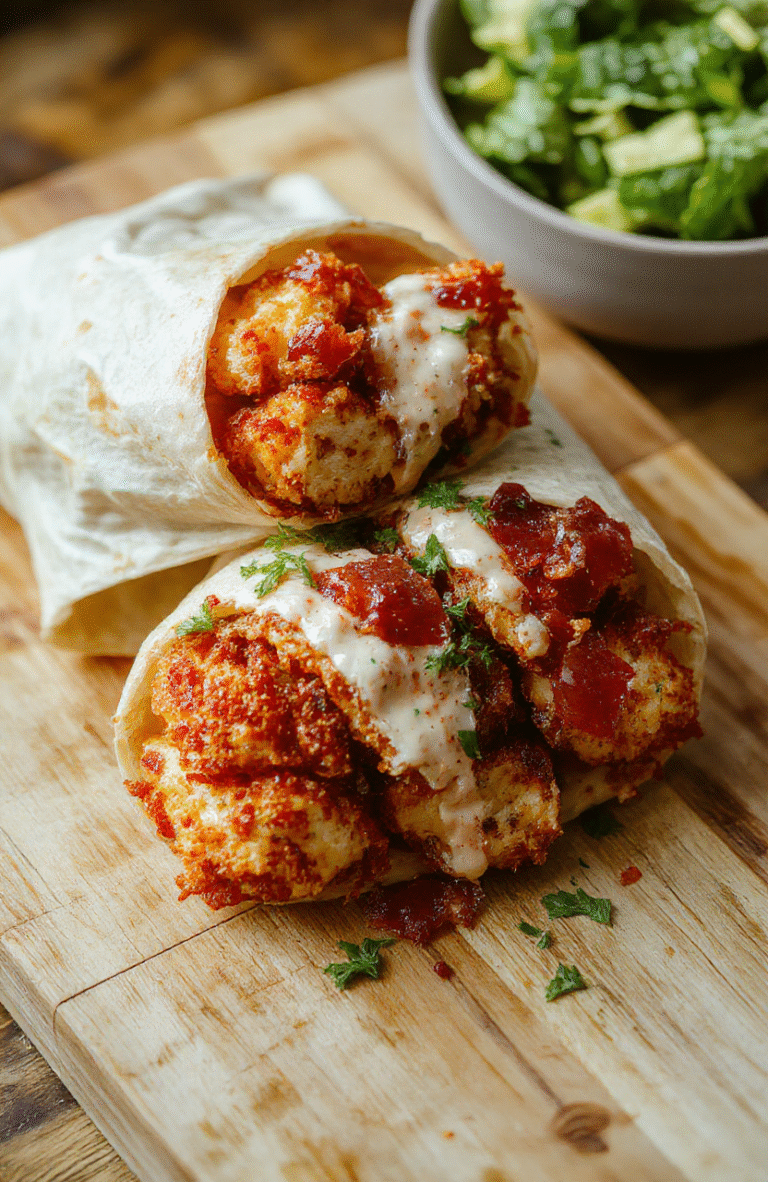 A golden-brown, tightly rolled chicken bacon ranch wrap cut diagonally to reveal layers of crispy chicken, crispy bacon, melted cheese, and creamy ranch sauce with fresh lettuce and tomatoes inside. Served on a rustic wooden board with a side of ranch dip and pickles.