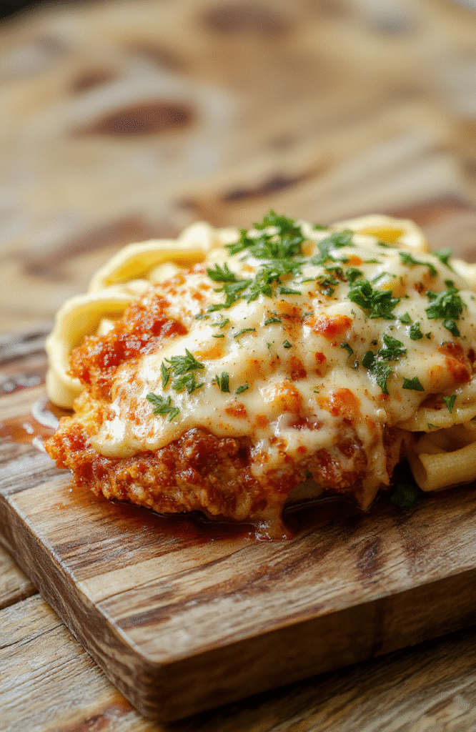 Golden-brown, crispy breaded chicken cutlets topped with rich marinara sauce and melted mozzarella and parmesan cheese, served over al dente Italian pasta in a white ceramic bowl, garnished with fresh basil leaves and a drizzle of extra-virgin olive oil, on a rustic wooden board.
